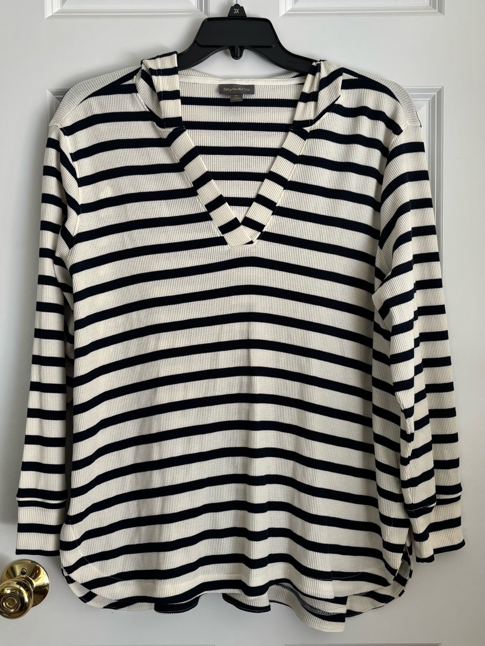 Style & Co. Navy and White Striped V-Neck Hoodie Sweater